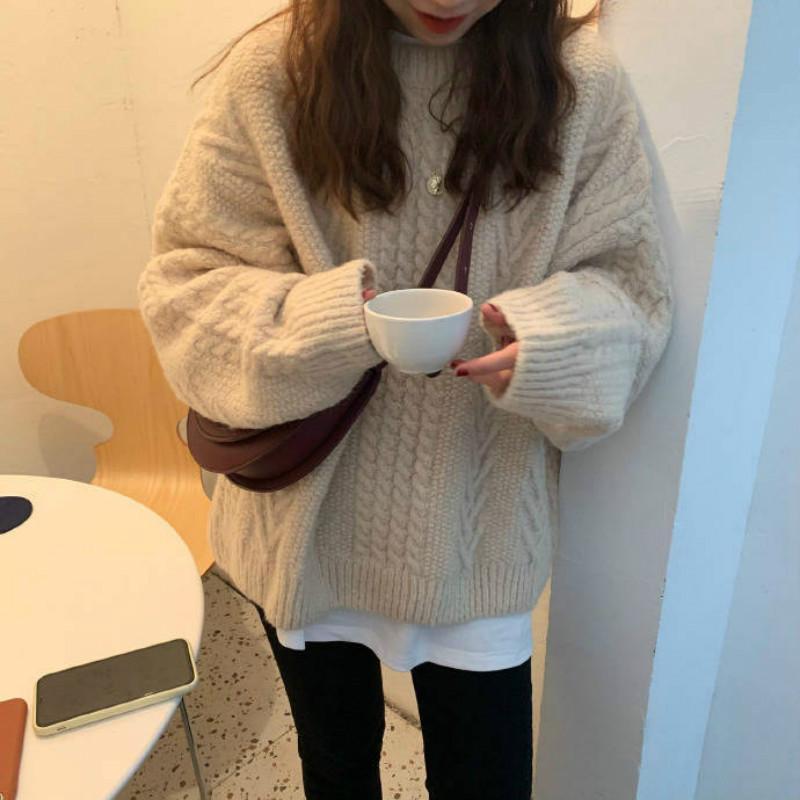 Pofulove Thick Solid Color Twist Sweater Female Students Winter Lazy Wind Loose Round Neck Wild Knitted Jacket
