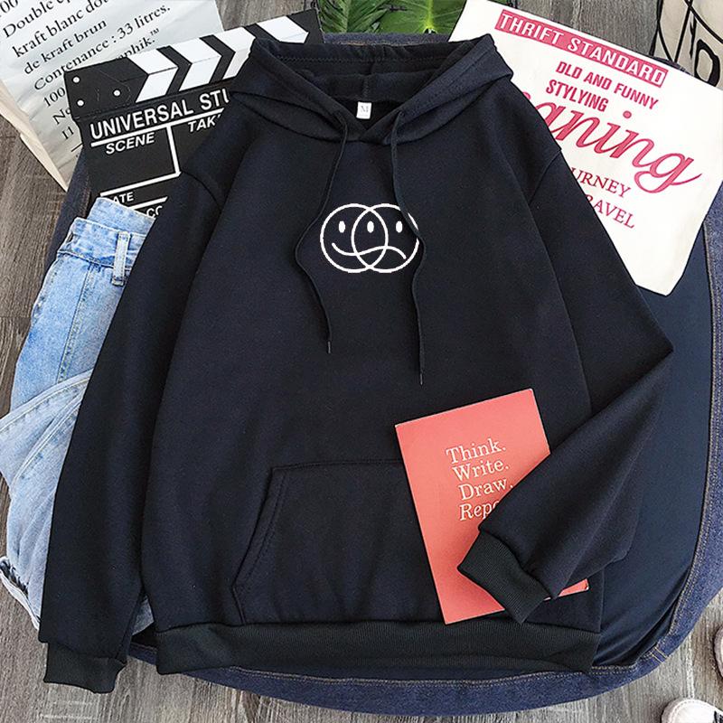 Smile Face and Sad Face Hoodie Aesthetic Sweatshirt Pullover Korean Style Streetwear Sweatshirt Long Sleeve Smile Sad Face Line Print Hood