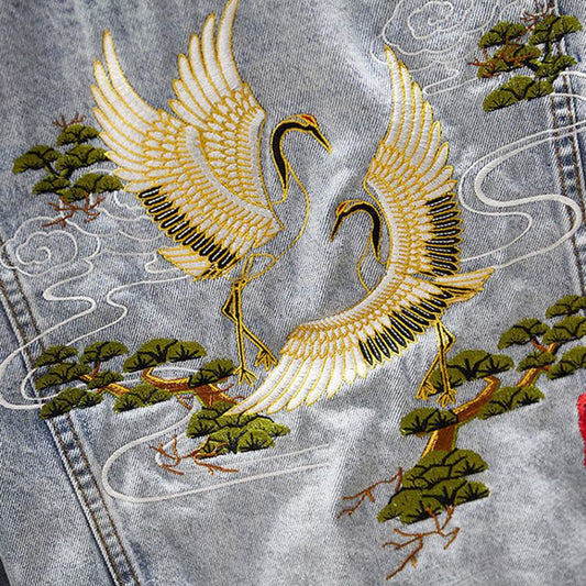 Embroidered Denim Jacket Men's Autumn and Winter Korean Style Slim Denim Jacket Trendy Handsome Plus Size Jacket