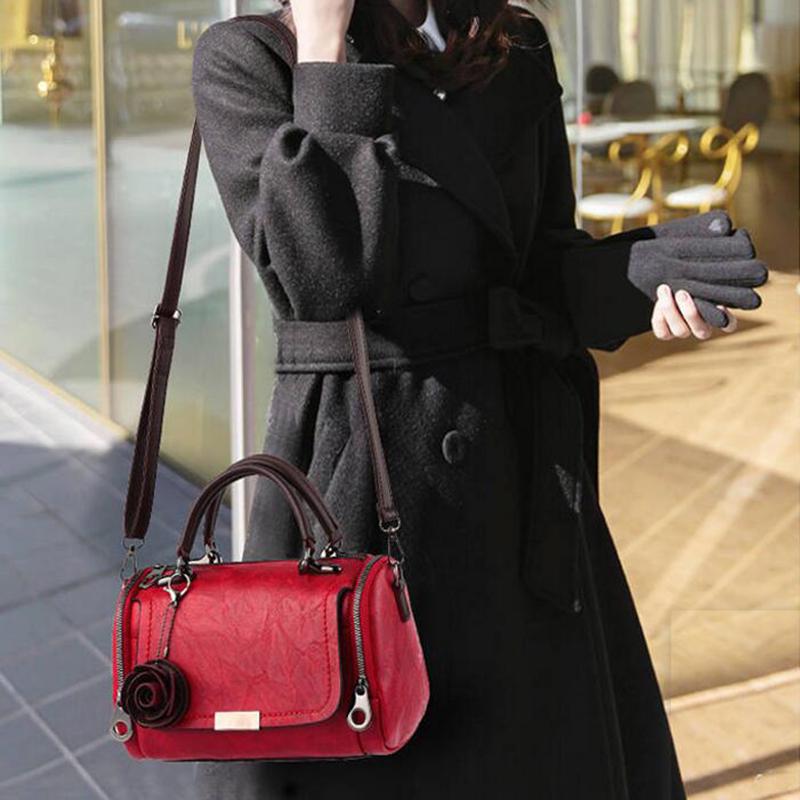 Top-handle Bag Women Handbag Retro Leather Shoulder Handbag Portable Pillow Bag with Rose Pendant