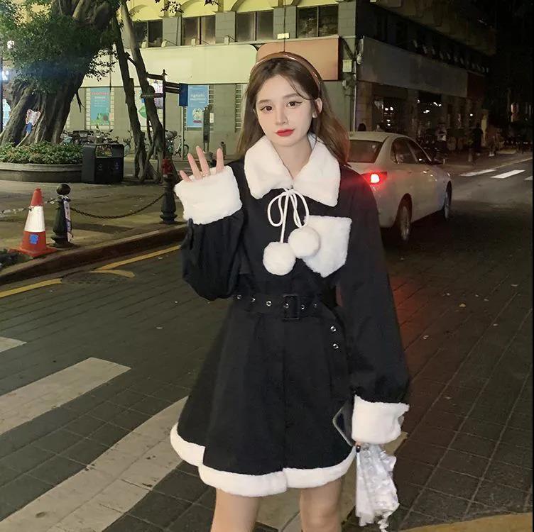 Winter Sweet and Cool Girl Thick Warm Fur Collar Stitching Prague British Girl Plus Cotton Windbreaker Dress