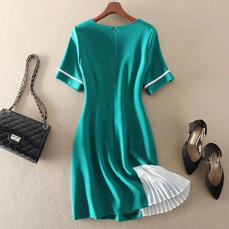 Summer Women's Solid Color Dress Mid-skirt Fashion Stitching Black Dress All-match Round Neck Short Sleeves Slim Style