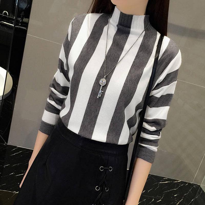 Rainbow Stripe Sweater Contrast Knitted Pullover Long Sleeve Turtleneck Knitwear Slim Women Jumper