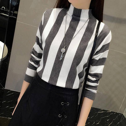 Rainbow Stripe Sweater Contrast Knitted Pullover Long Sleeve Turtleneck Knitwear Slim Women Jumper