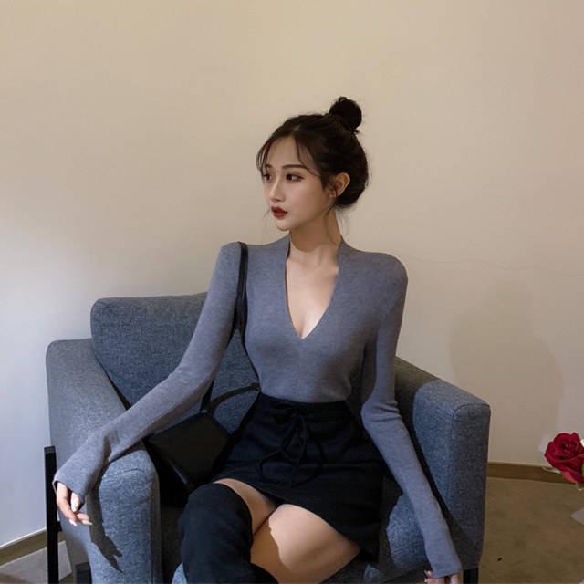 Pofulove Women Sexy Deep V-neck Bottoming Sweater Must-have Solid Color Knitwear Slim Fit Shirt