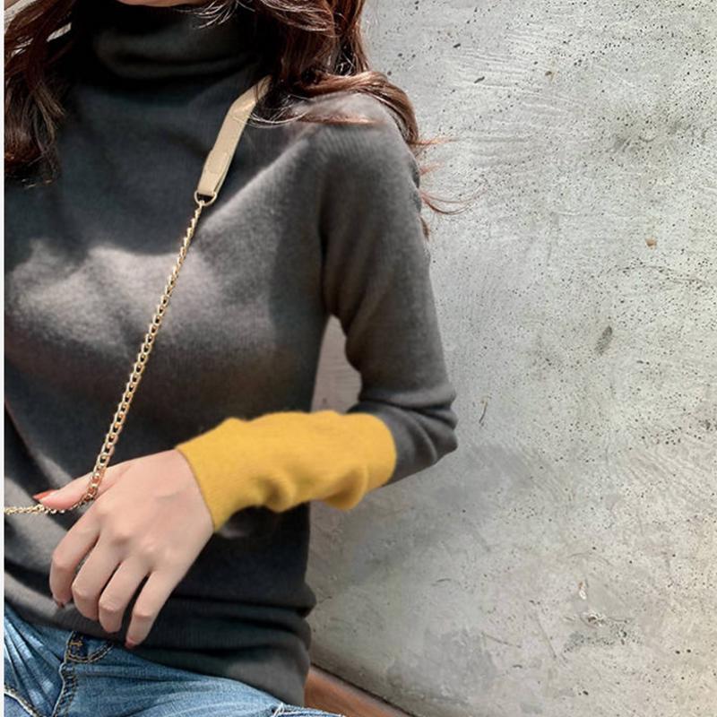 PofuLove Winter Long-sleeved Slim-fit Color-block Turtleneck Reversible Plus Velvet Bottoming Shirt