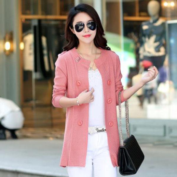 Spring and Autumn Knitted Cardigan Sweater Mid-length Versatile Solid Color Top Casual Simple Female Jacket