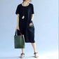 Lotus Pattern Summer Short Sleeved Mid-calf Length Large Size Loose Casual Solid Color Dress M-XXXL Size