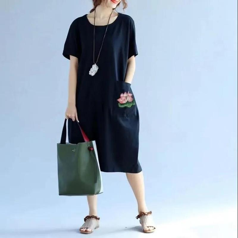 Lotus Pattern Summer Short Sleeved Mid-calf Length Large Size Loose Casual Solid Color Dress M-XXXL Size