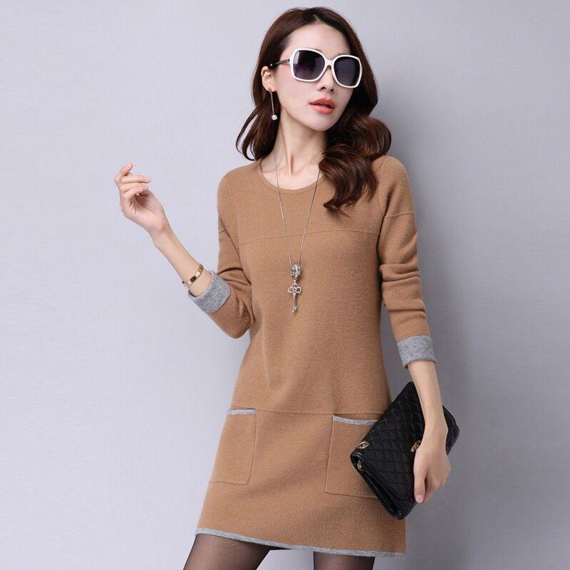 Autumn and Winter Long Round Neck Sweater Skirt Fashion Casual Knitted Bottom Skirt Simple Female Sweater Dress