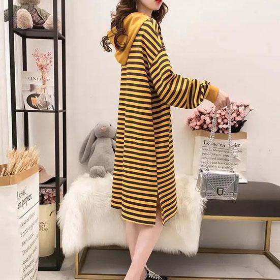 Women's Plush Spring and Autumn Long Knee Length Hoodies Large Size Loose Casual Hooded Tops Versatile Solid Color Striped Hoodies