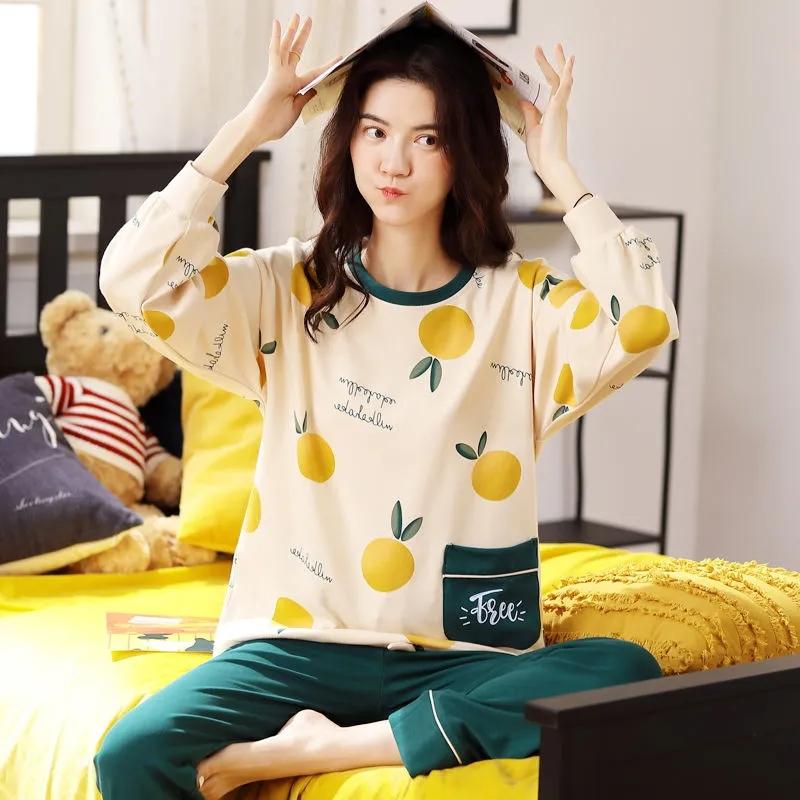 Women Pajamas Set Casual Loose Pyjamas Suit Cartoon Cute Sleepwear Pullover Tops and Pants Sets Female Long Sleeve Homewear Round Neck Nightwear