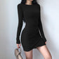 Women's Pleated Long-sleeved Bottoming Dress Korean Style Autumn and Winter Slim Sexy Slim Solid Color Waist Bag Hip Skirt Long Skirt