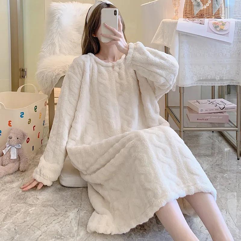 Women's Autumn Winter Thickened Coral Fleece Nightdress Large Size Loose Out Wear Warm Flannel Pajamas Solid Striped Crochet Maternity Pajamas