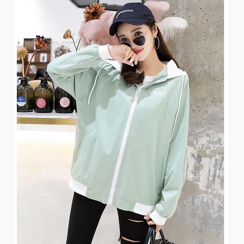 Spring and Autumn Short Hooded Jacket Womens' Letter Printed Double Lining Loose Thin Jacket Cardigan Top Double Layer Lining