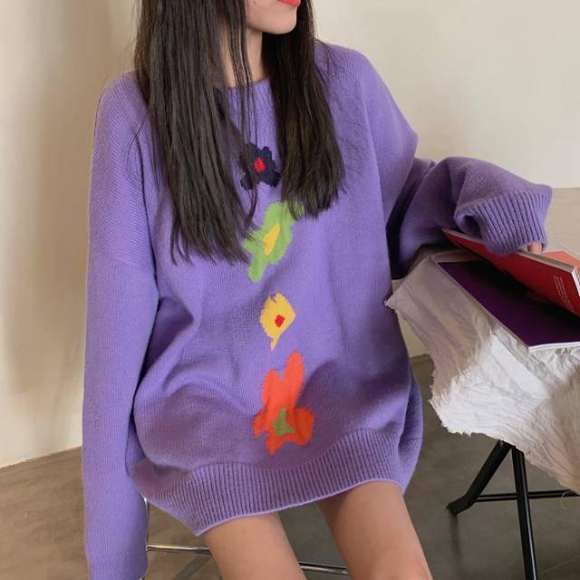 Winter Fashion Jacquard Loose Sweater Women's Pullover Round Neck Long Sleeved Sweater