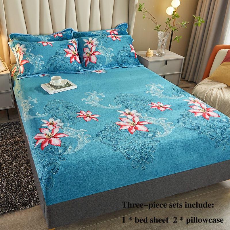 Coral Velvet Bed Three-piece Bed Cover All-inclusive Protective Cover 1.8 M 2 Meter Bed Cover Double Bed Bed Set