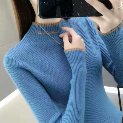 Autumn and Winter Korean Warm Knit Sweater Slim Long-sleeved Solid Color Blouse Round Neck Non-ball Sweater