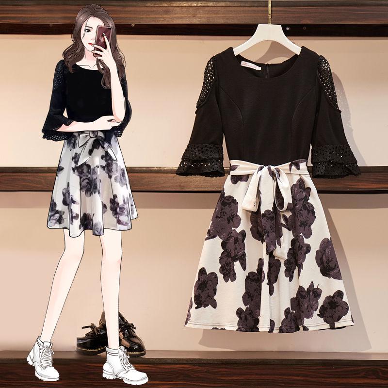 Plus Size Dress Women Fake Two-piece Skirt Dress Summer Loose Half  Sleeve Printed Dress