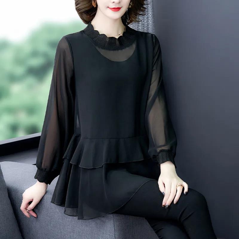 Spring Fall Sexy Women See Through Blouse Black Perspective Top Fashion Long Sleeve Transparent Sheer TShirt Pullover