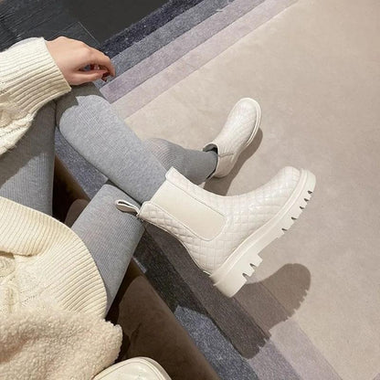 Fur Snow Boots Women's Thick-soled Plus Velvet Warm Cotton Boots In Tube Martin Boots Leather Back Zipper Diamond Short Boots
