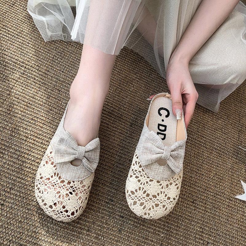 2020 Mesh Half Slippers Female Summer Hollow Linen Woven Bow Bow Lazy Outdoor Sandals and Slippers Female Summer