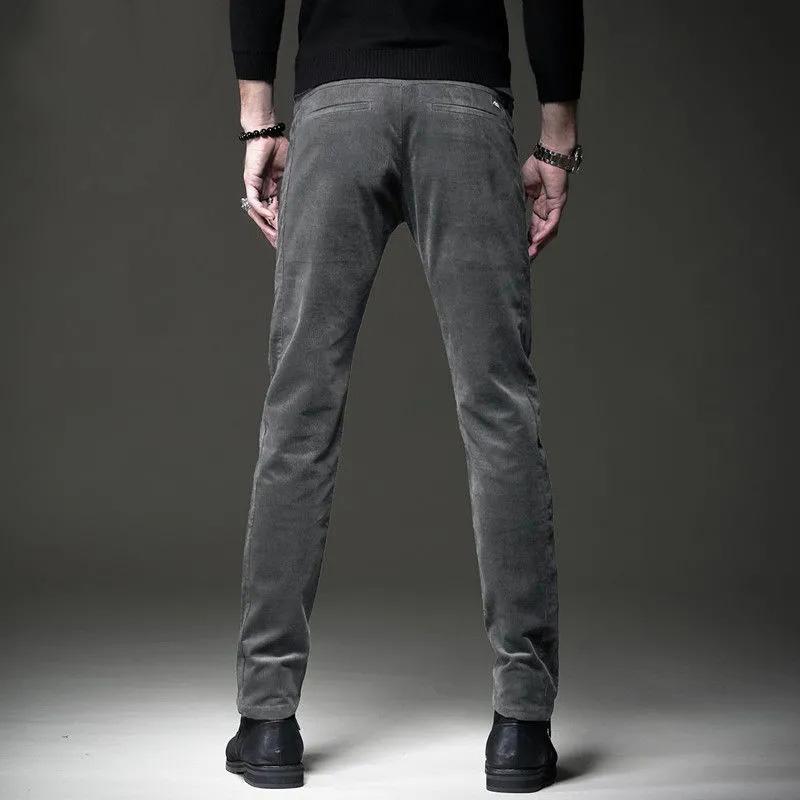 Men's Autumn and Winter Corduroy Casual Pants Slim-fit Pants with Small Feet Male Straight-leg Korean Style Trousers Business Streetwear Elastic Waist