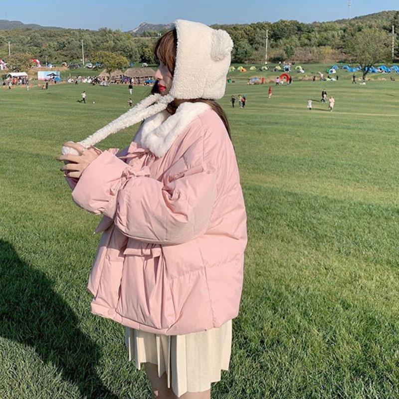 Winter Women's Down Jacket Korean Fashion Bow-knot Stand-up Collar Cotton-padded Jacket Warmth Short Cotton Jacket