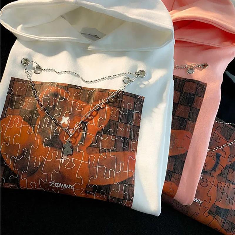 Streetwear Hip Hop Hoodies Women Chain Printed Fashion Pullover Sweatshirts Plus Size Loose Casual Hooded Tops Oversized Streetwear Harajuku Hoodies