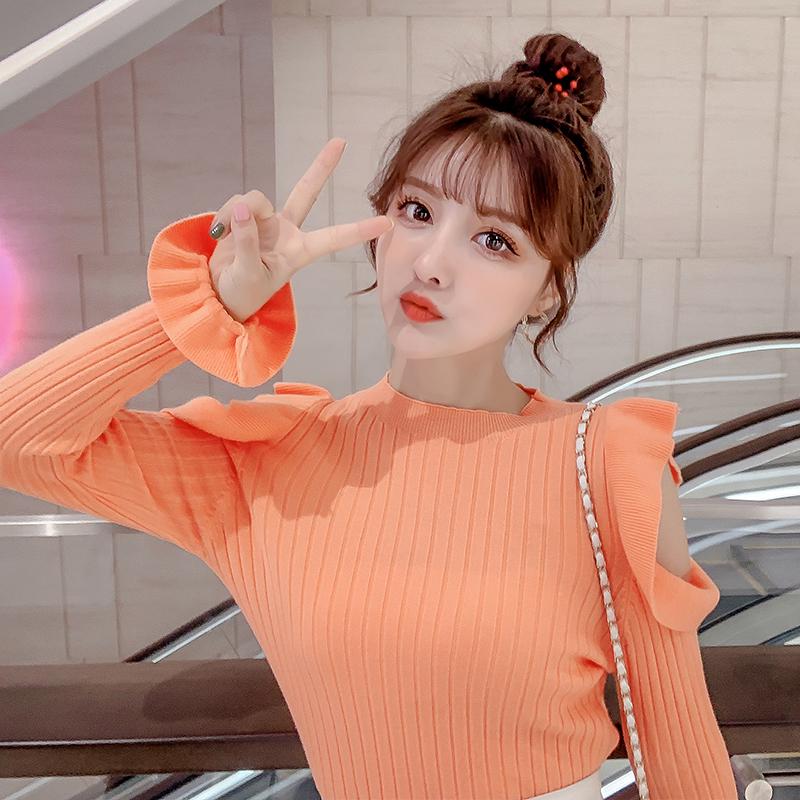 Podilove Women's long-sleeve off-shoulder knit sweater womens sweet ruffled slim sweater women