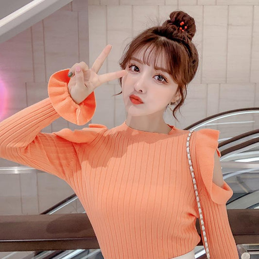 Podilove Women's long-sleeve off-shoulder knit sweater womens sweet ruffled slim sweater women