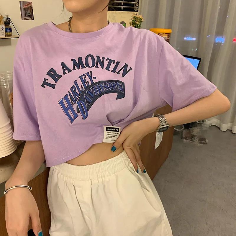Women's Fashion Round Neck Digital Printing Half Sleeve Asymmetry Short T-shirt