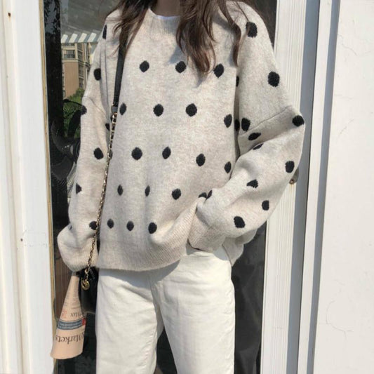 Autumn Winter Retro Dot Student Loose Long Sleeve Round Neck Pullover Classic Sweater Women