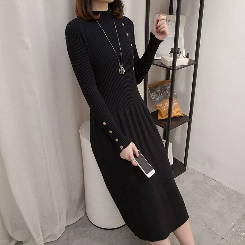 Knitted Dress Mid-length Long-sleeved Round Neck Loose Sweater Women's Knee-length Undershirt