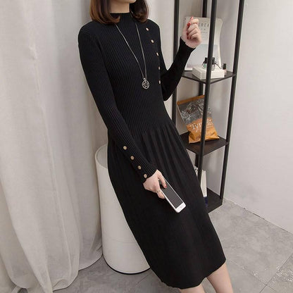 Knitted Dress Mid-length Long-sleeved Round Neck Loose Sweater Women's Knee-length Undershirt