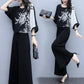 Women's Black Two-piece Wide-leg Trousers Printed Belly Slimming Shirt Casual Suit Women's Plus Size Temperament Casual Loose Suit