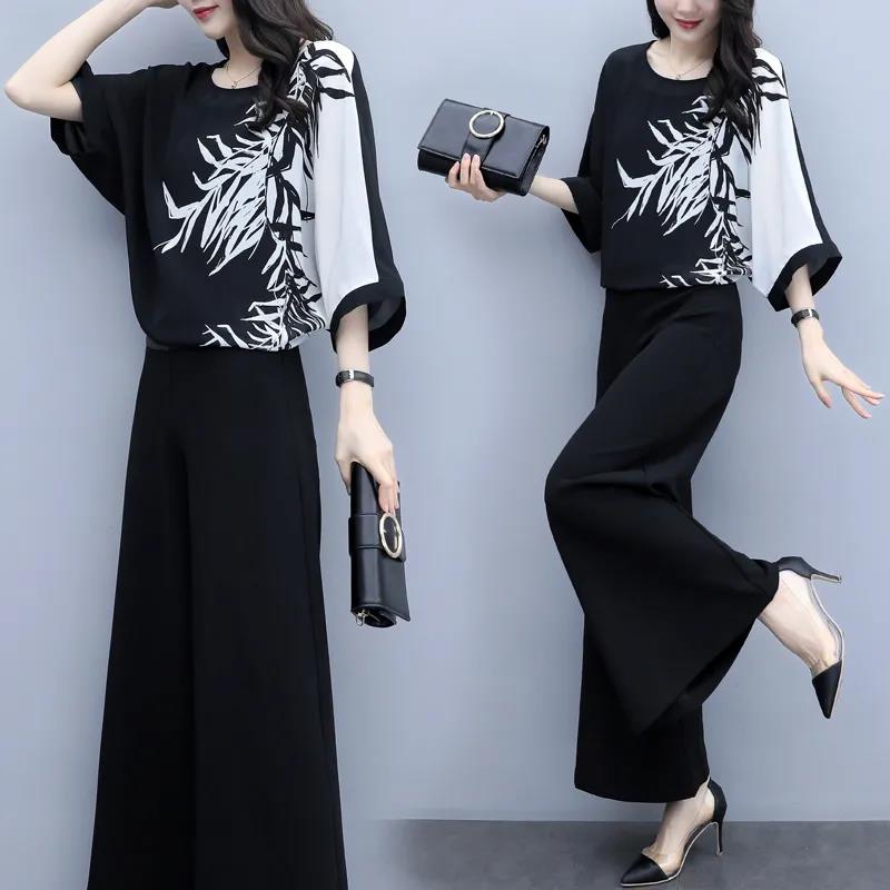 Women's Black Two-piece Wide-leg Trousers Printed Belly Slimming Shirt Casual Suit Women's Plus Size Temperament Casual Loose Suit