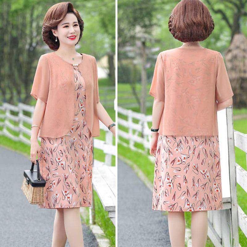 Middle-aged Mother XL-XXXXXL Women's Summer Dress Chiffon Veil Short Sleeve Round Neck Printing
