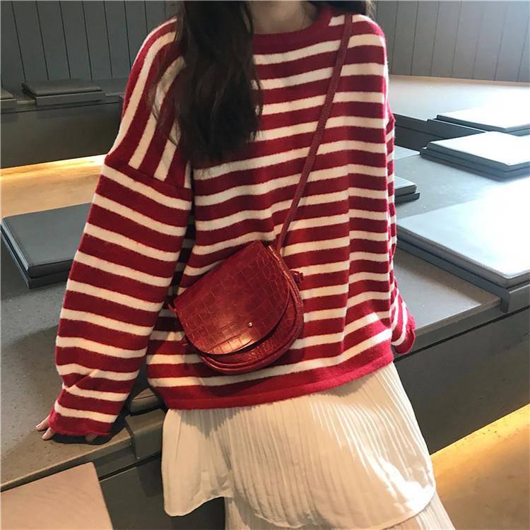 Color Striped Loose Striped Stretch Sweater Long Sleeve Round Neck Mesh Sweater Women