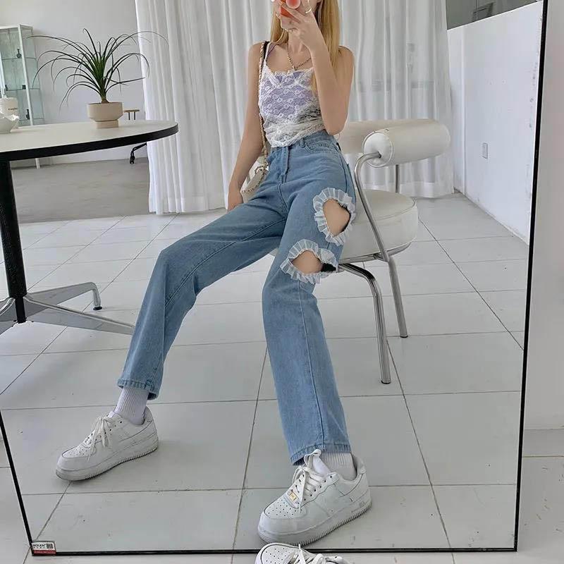 Love Heart Hole Stitching Jeans Loose Wide Leg Pants High Waist Korean Version of Straight Light Pants