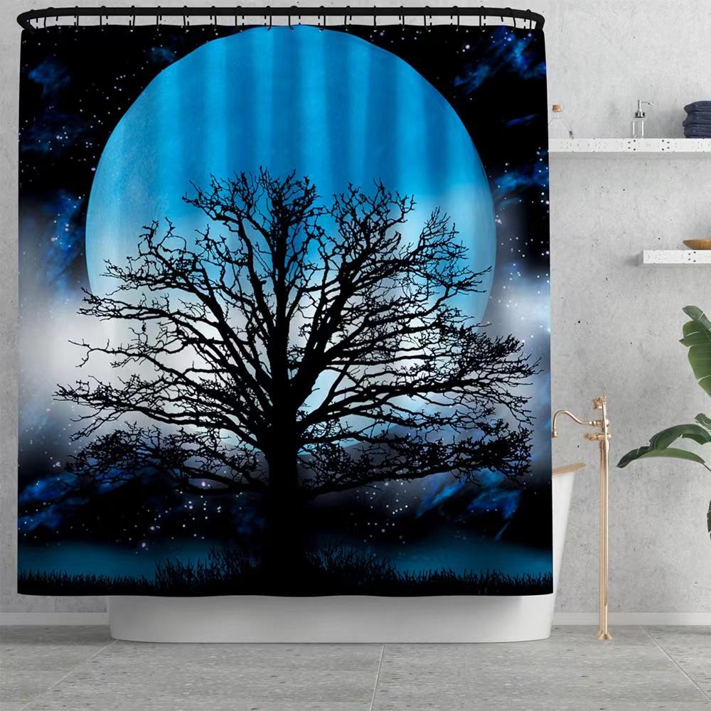 Bathroom Supplies Shower Curtain Set Scenery Moon Printing Shower Curtain Four-piece Bathroom Non-slip Mat Set