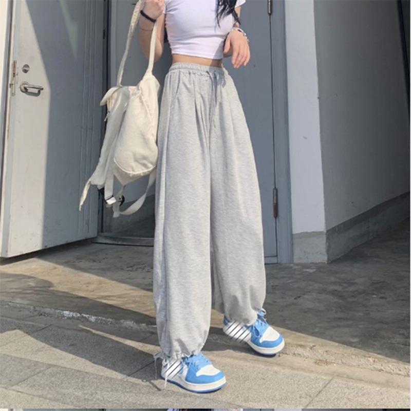 Large Size Drawstring Bloomers Female Summer Student Solid Color Loose High Waist Casual Straight Wide Leg Sports Pants