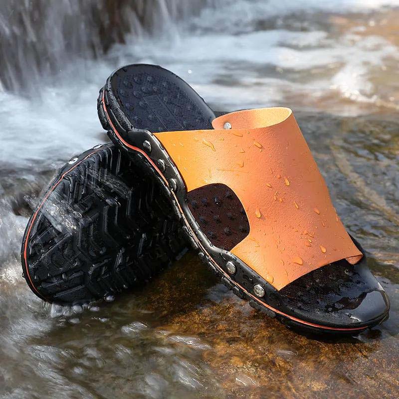Men's Sandals and Slippers Men's Trend Non-slip Summer Slippers Cowhide Casual Slippers Men