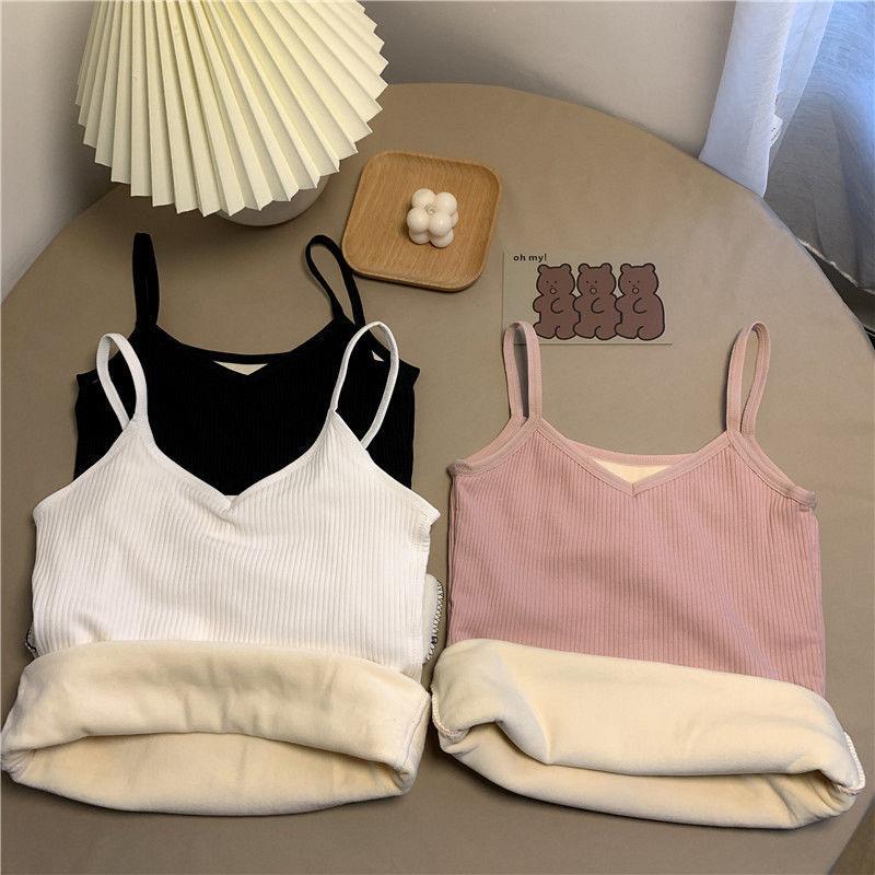 Winter Camisole Crop Top Women Plus Velvet Bralette Spaghetti Strap Corset Tank Top Winter Warm Thermal Vest Innerwear Bralets Yk2 Cami Black