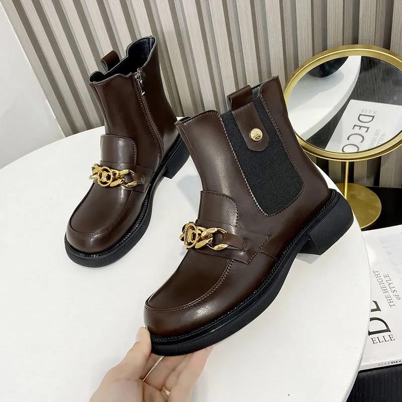 Women's Short Boots Winter Fashion All-match Round Toe Thick Heel Martin Boots Plus Velvet Warm Chain Boots