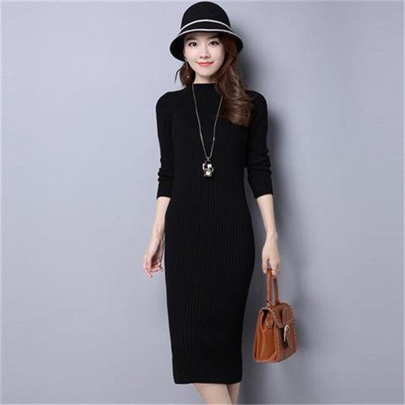 Thick Long Sweater Dress Women Half-high Autumn Winter Sweater Dress Female Casual Loose Knit Dress
