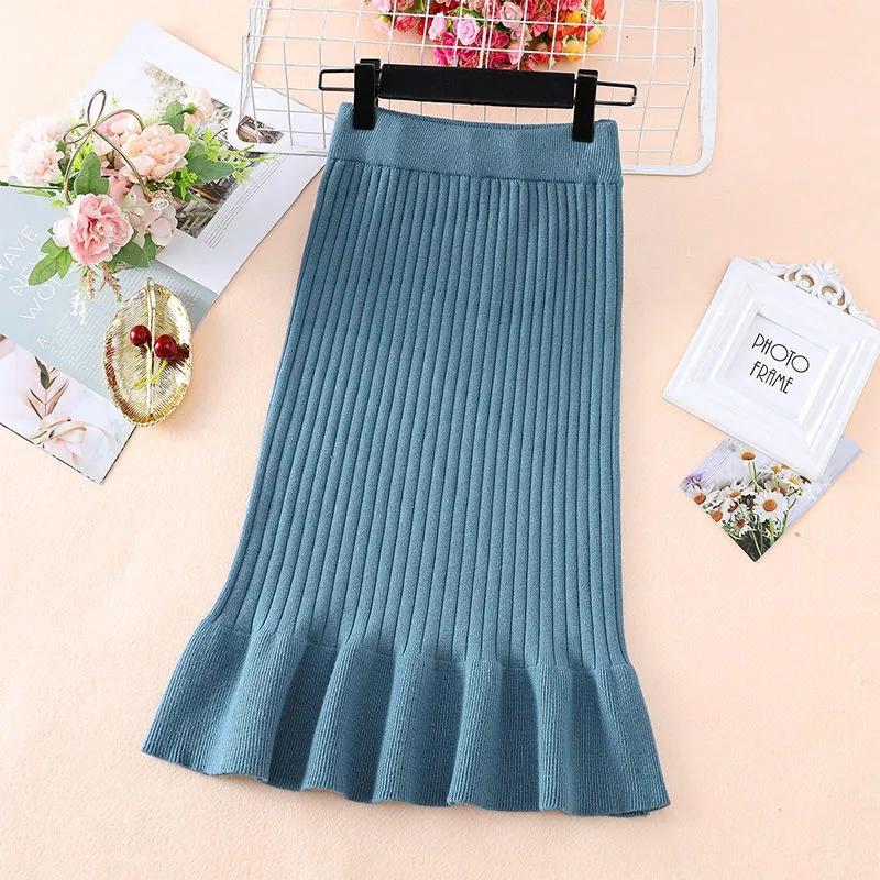 Skirts Womens Knitted Skirt Female Spring Hip Skirts Solid Color Mid-length Wool Skirt Stretchy Ruffled Mermaid Skirts
