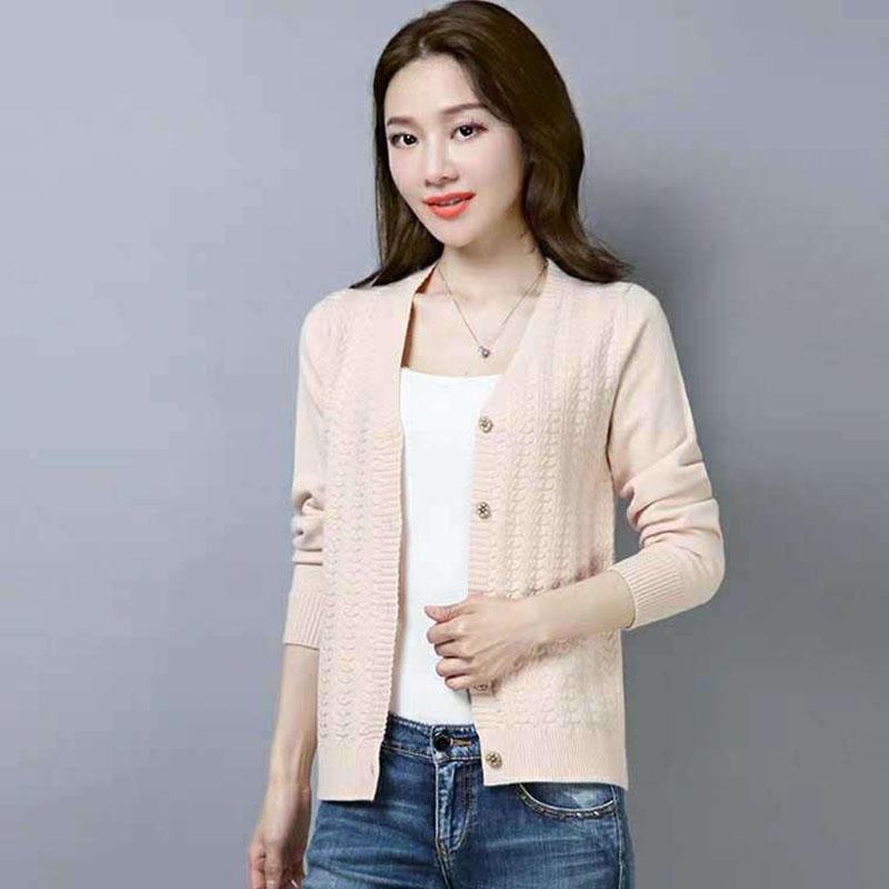 Spring and Autumn Thin Knit Sweater Cardigan Short V-neck Top Long Sleeve Outer Female Jacket