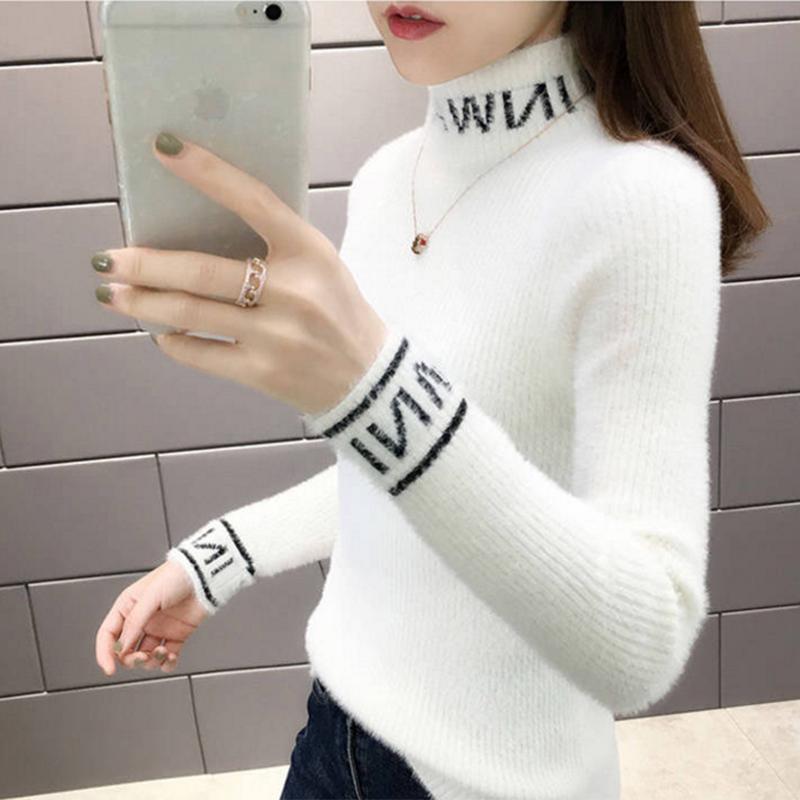 Pofulove Mink Fur Sweater Blouse Slim Half Turtleneck Bottom Sweater Pullover Thick Sweater Women