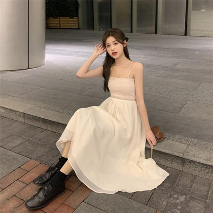 Female Spring and Summer French Elegant Super Xiansen Soft Snow Textile Long V-neck White Suspender Dress
